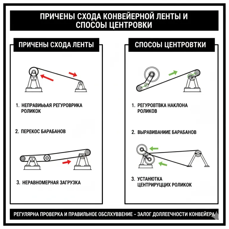Причины схода конвейерной ленты и способы центровки